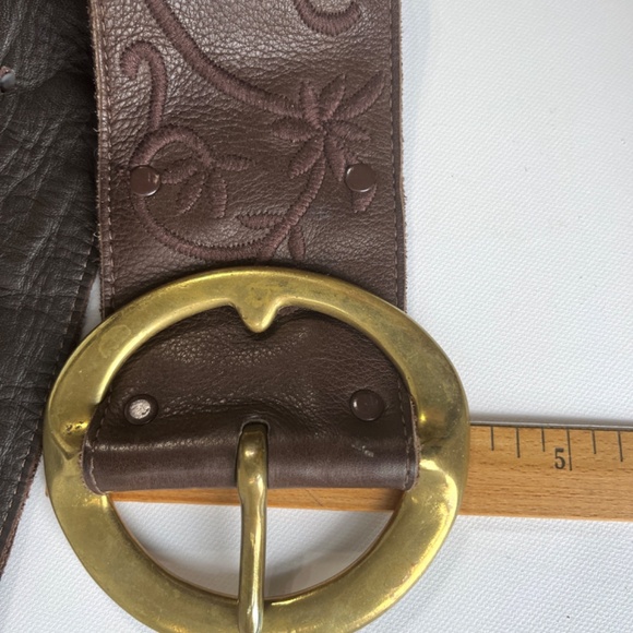 Vintage B-LOW the Belt 34in Oversized Brass Buckle Wide Leather Floral Stitching main image 7